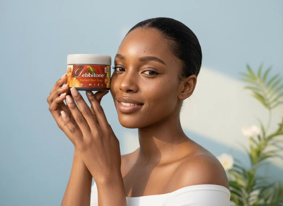 A woman holding a tub of Debbitone Radiant Skin Soap beside her face