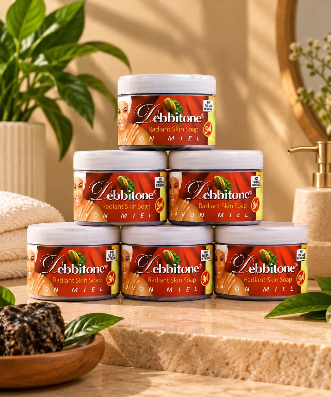 Several tubs of Debbitone Radiant Skin Soap stacked beside raw black soap